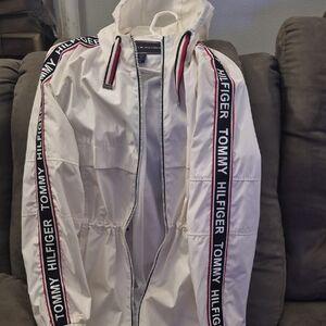 Tommy Hilfiger White Spring Weight Hooded Jacket with Logo Stripes